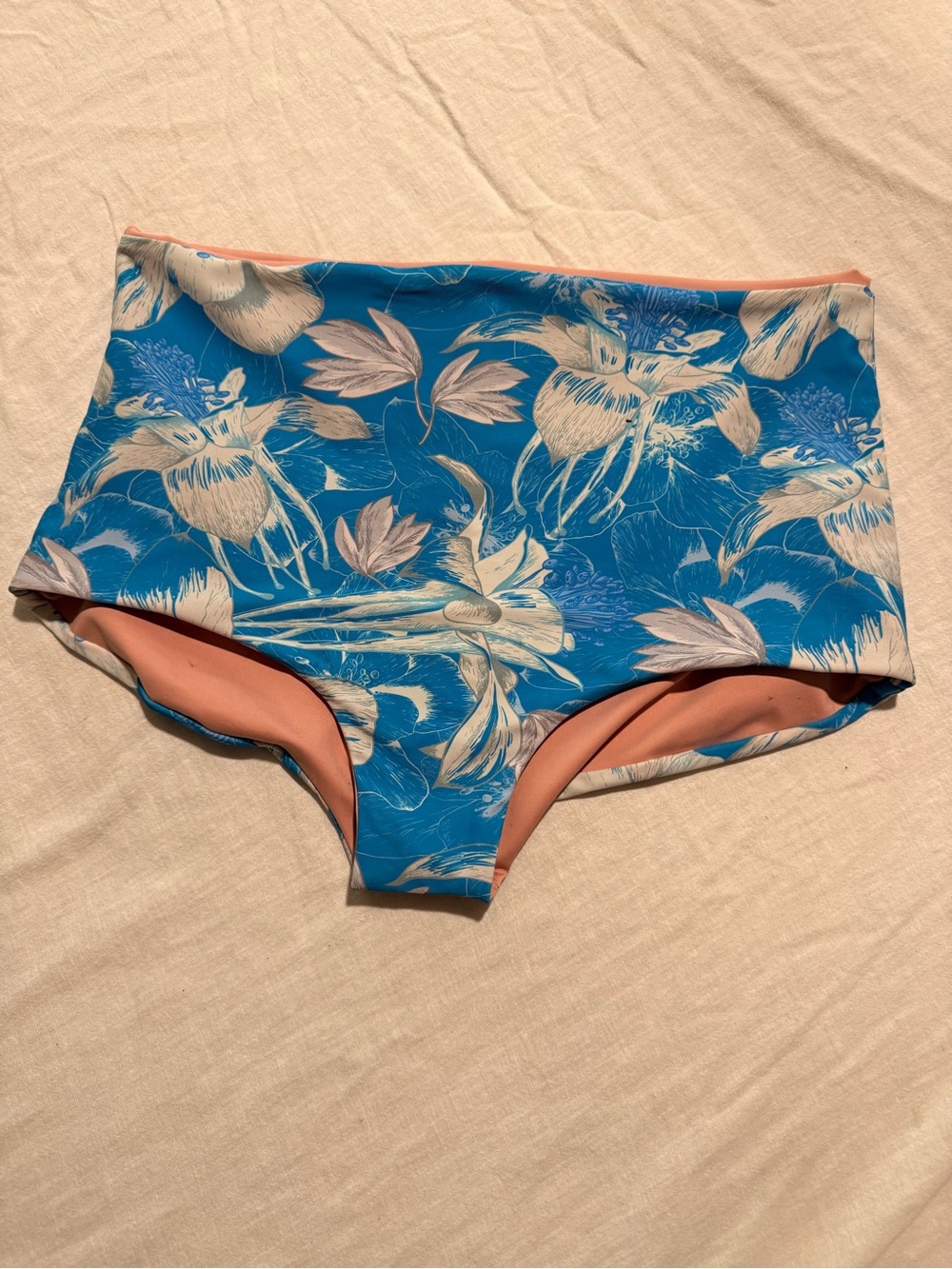 Blue Floral High-Waist Bikini Bottom with Peach Lining